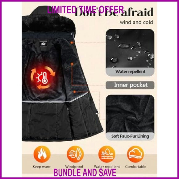 Long Winter Puffer Coat with Detachable Hood, Maxi Length, Windproof - Picture 5 of 8
